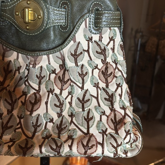 RARE Beautiful Lockheart By Brighton Green Leather Beaded Tote Bag - Picture 5 of 12